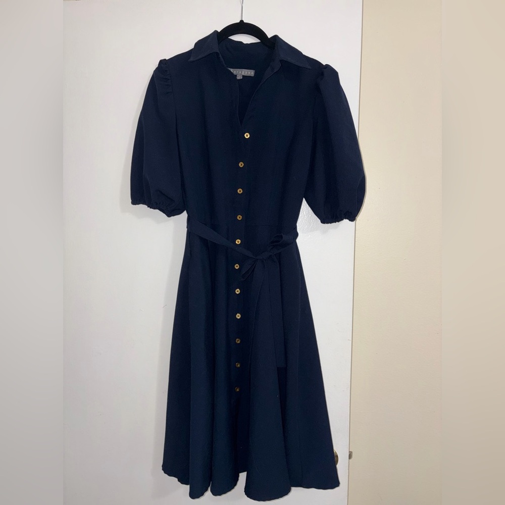 Sharagano Dark Blue Midi Dress with Gold Buttons